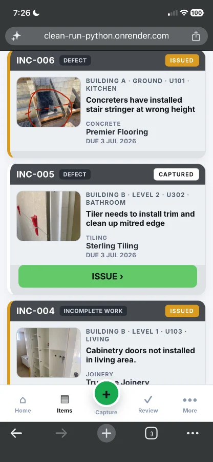 CleanRun IQ capture screen on mobile