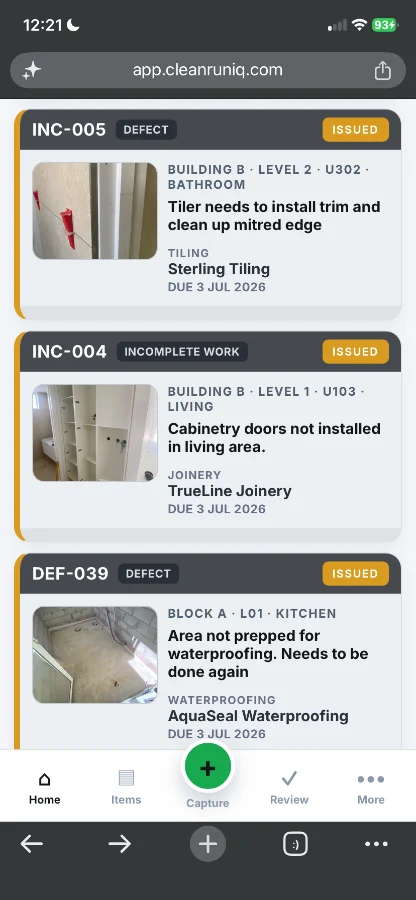 CleanRun IQ live defect register
