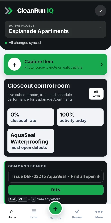 CleanRun IQ defect register — project manager view